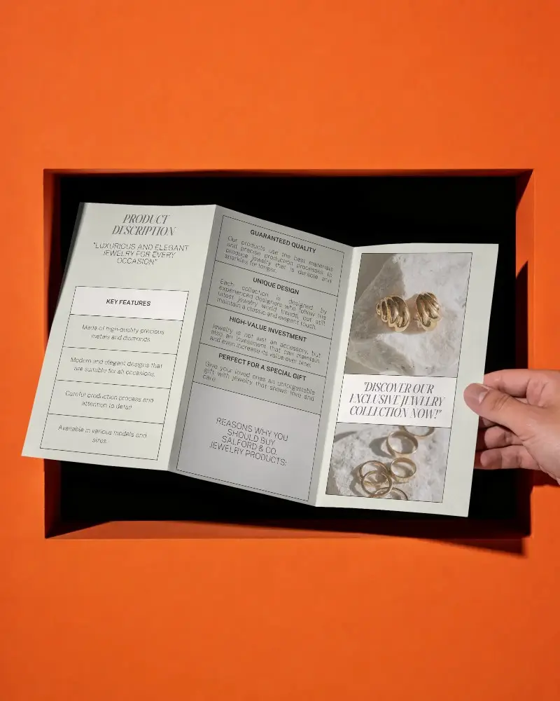 Hand Holding Open Trifold Brochure Mockup On Minimalistic Contrasting Backdrop For Design