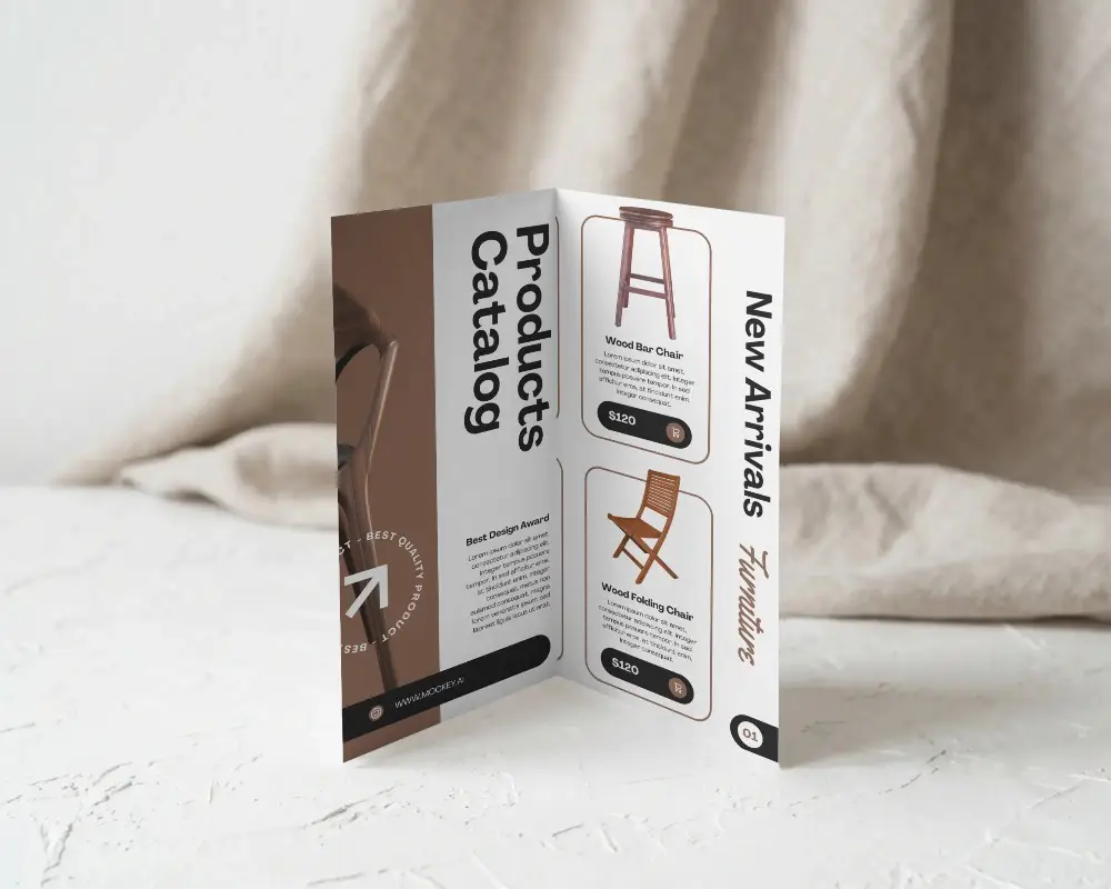 Vertical Standing Brochure Mockup With Clean Folds On Minimalistic Light Textured Background