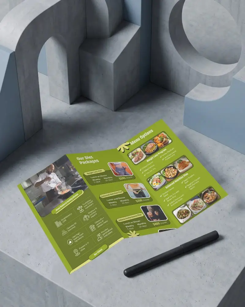 Tri Fold Brochure Mockup On Texture Surface With Pen For Branding Design Presentation