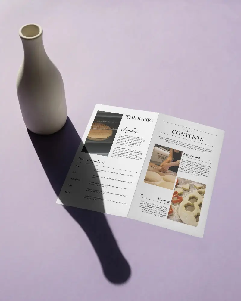 Minimalistic Brochure Mockup With Open Folded Paper And Vase Shadow Background Studio Shot
