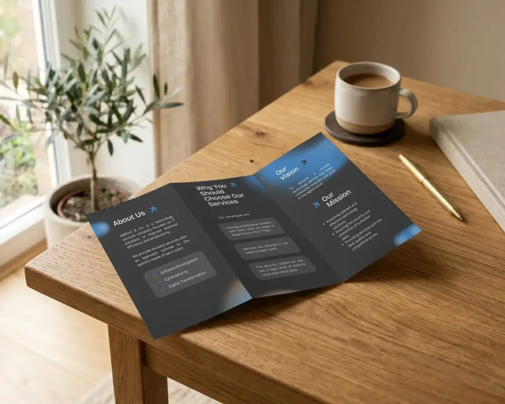 Tri Fold Brochure Mockup On Wooden Table With Coffee Cup And Pen For Print Design