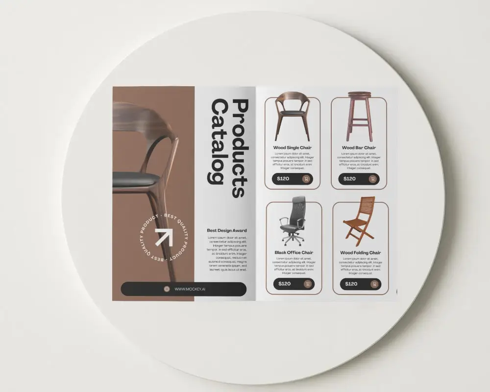 Minimalist Open Brochure Mockup Flatlay Round Surface Clean Background