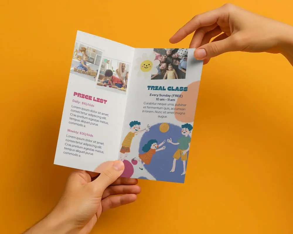 Realistic Open Brochure Mockup Handheld Against Simple Backdrop For Marketing Use