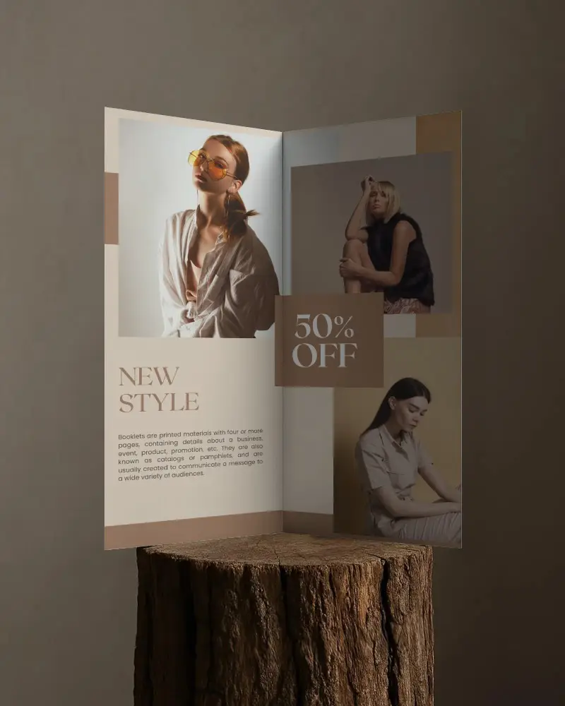 Elegant Minimalist Brochure Mockup Showcasing Open Two Page Layout On Natural Wood Base