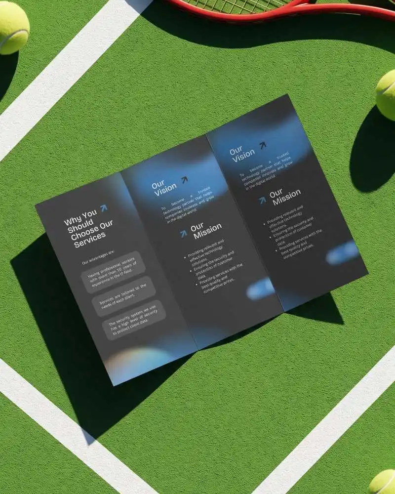 Tri Fold Brochure Mockup On Textured Sports Court With Tennis Equipment
