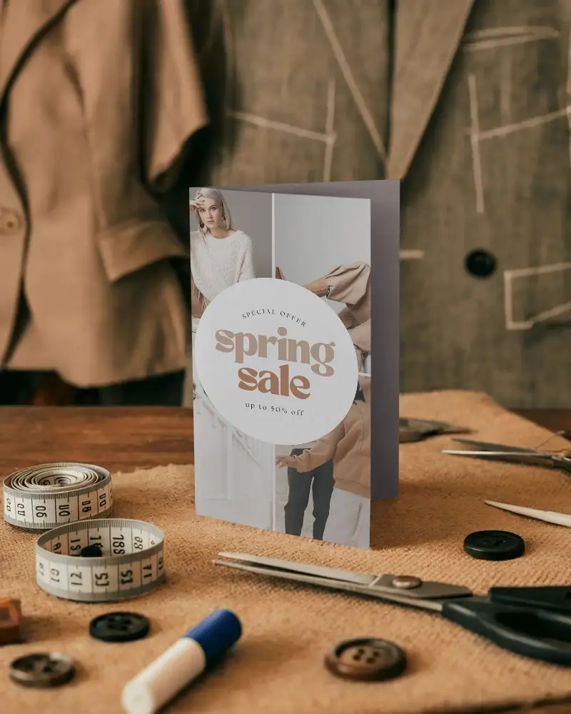 Fashion Workshop Brochure Mockup On Tailoring Table With Tools And Blazer Background