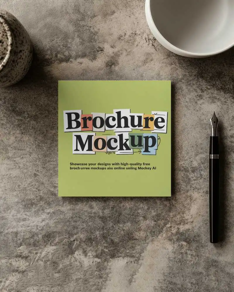 Flat Lay Square Brochure Mockup On Textured Desk With Cup And Pen Organic Stationery Presentation Top View