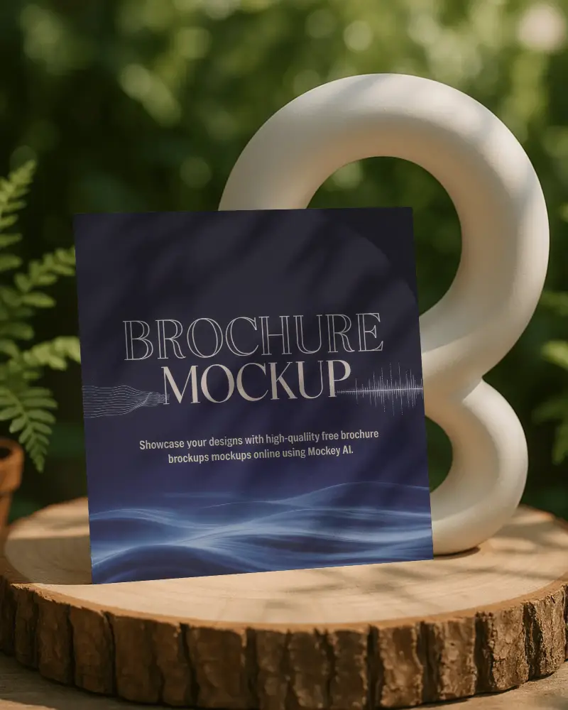 Outdoor Sunlight Square Brochure Mockup On Wooden Slice With Modern Sculpture Natural Lighting And Leafy Backdrop