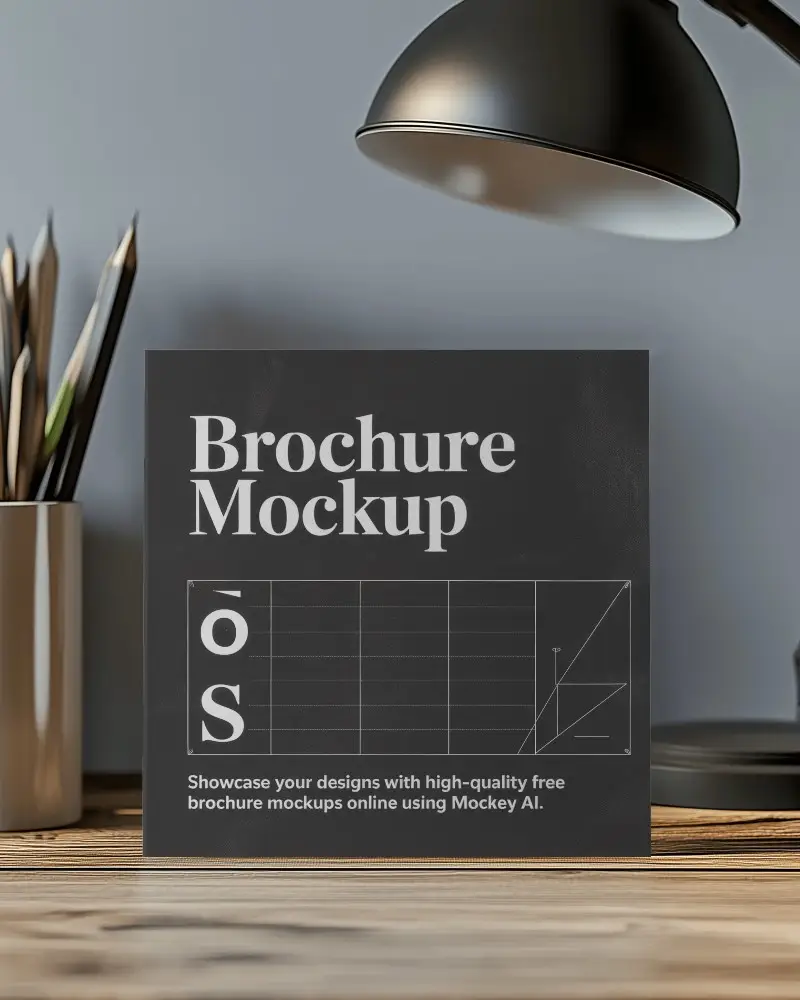 Square Brochure Mockup Standing On Wooden Desk Under Desk Lamp Modern Office Interior And Stationery Setup