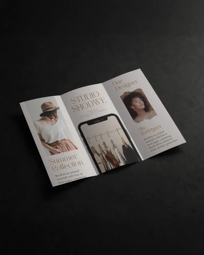 Open Tri Fold Brochure Mockup On Dark Textured Surface Top View Layout Clean Stationery Design Display With Soft Light And Shadow Modern Minimal Scene