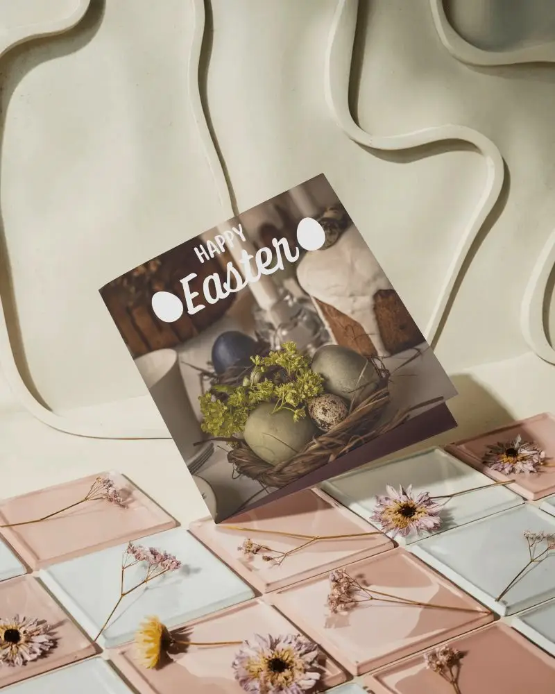 Minimalistic Brochure Mockup Showcasing Clean Design Over Geometric Tile Background