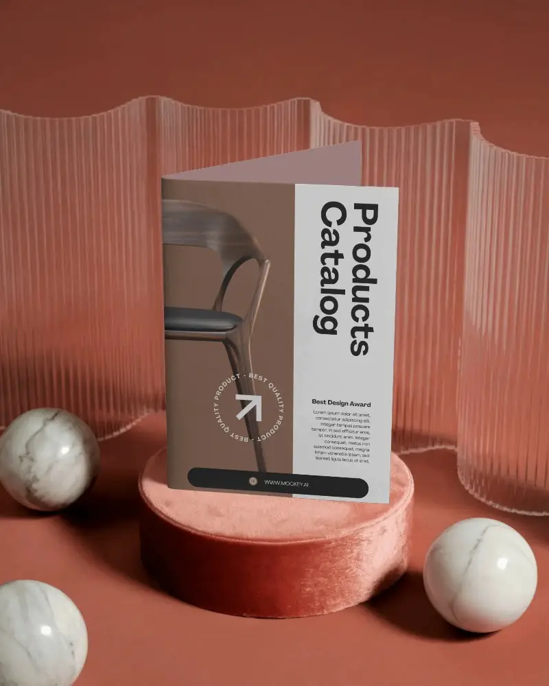 Folded Brochure Mockup On Velvet Pedestal With Marble Spheres And Textured Backdrop