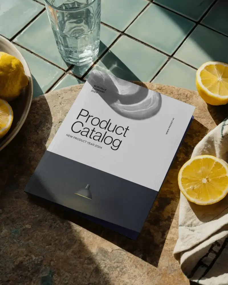 Square Brochure Mockup On Textured Stone Surface With Glass And Citrus Fruit