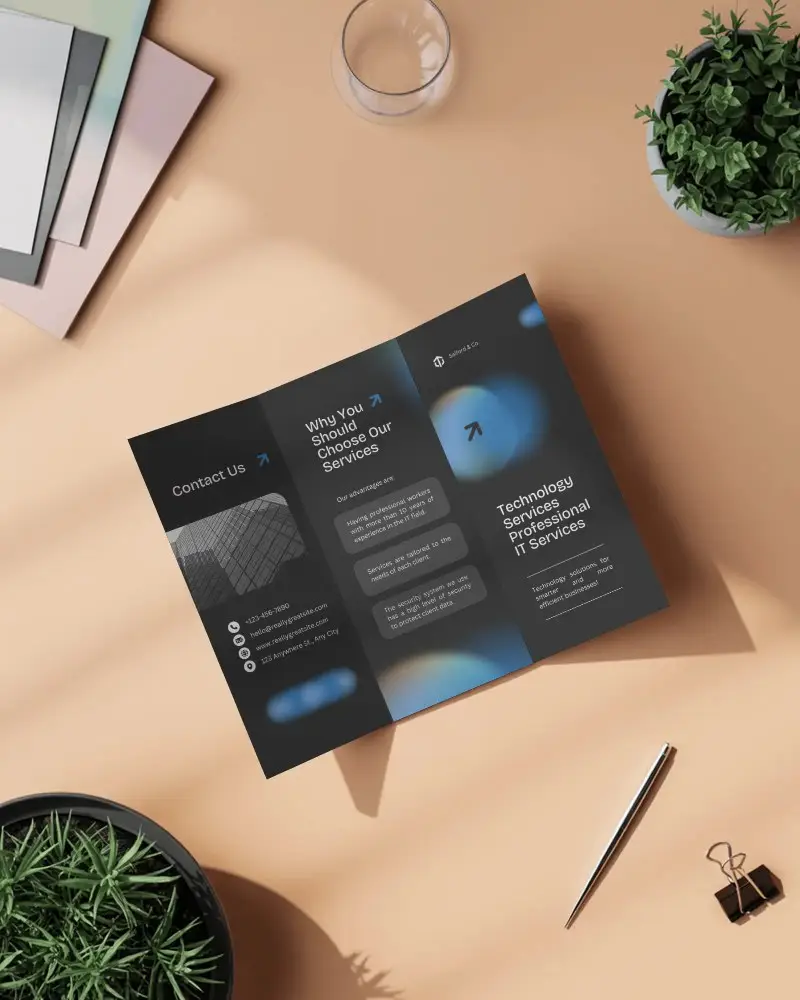 Top View Brochure Template Mockup With Natural Light Shadow And Desk Accessories
