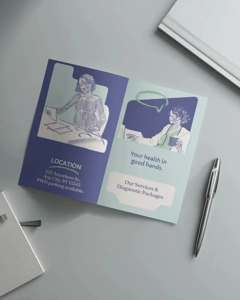 Blank Brochure Mockup Open Layout Flat Lay Office Desk Stationery Arrangement