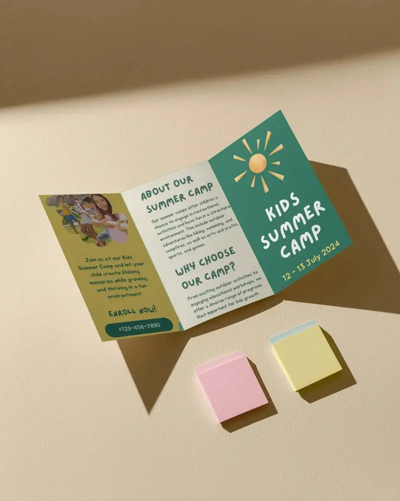 Blank Trifold Brochure Mockup With Sticky Notes On Minimalist Flat Background