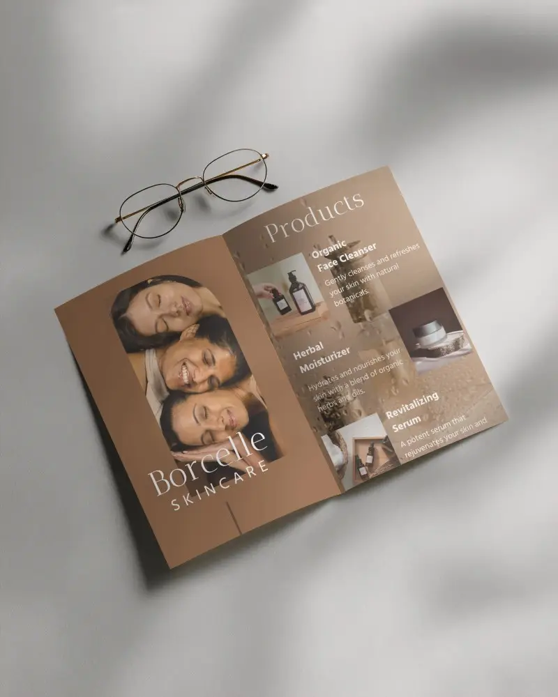 Sleek Open Brochure Mockup With Round Glasses On Minimalist Background For Design