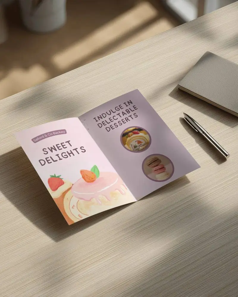 Minimal Open Brochure Template Mockup Displayed On Textured Wooden Surface With Office Items