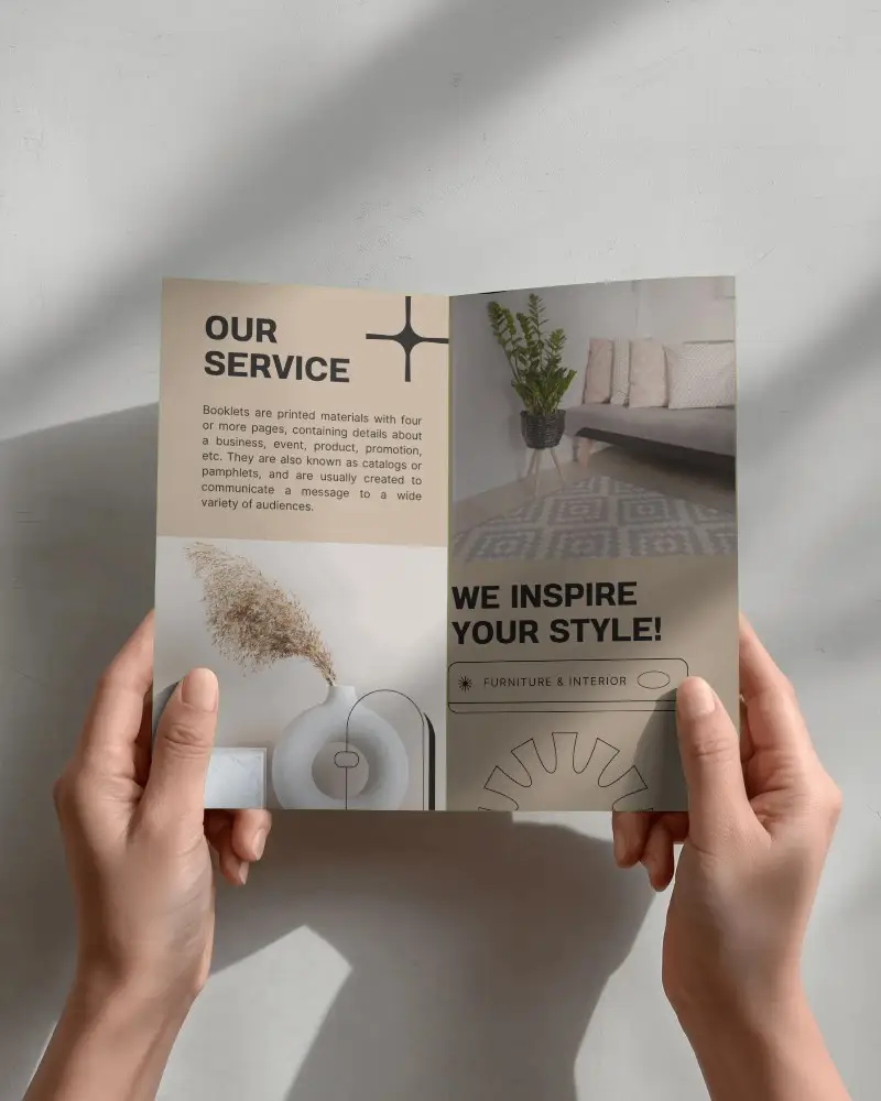 Hand Holding Opened Brochure Mockup With Minimalist Background Light Shadow Effect