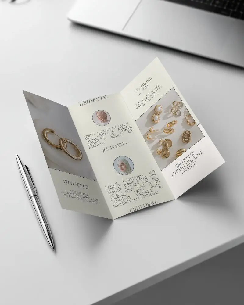 Clean Minimalist Trifold Brochure Mockup On Modern Desk With Pen And Laptop