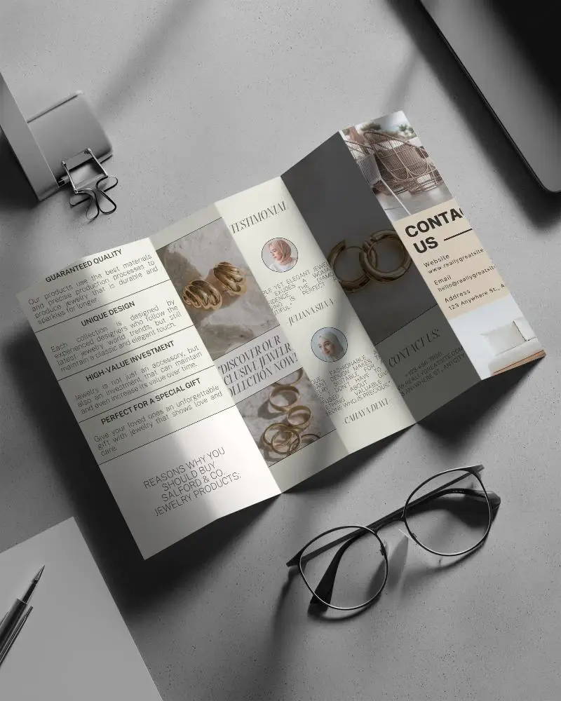 Professional Tri Fold Brochure Mockup On Clean Desk With Office Supplies And Glasses