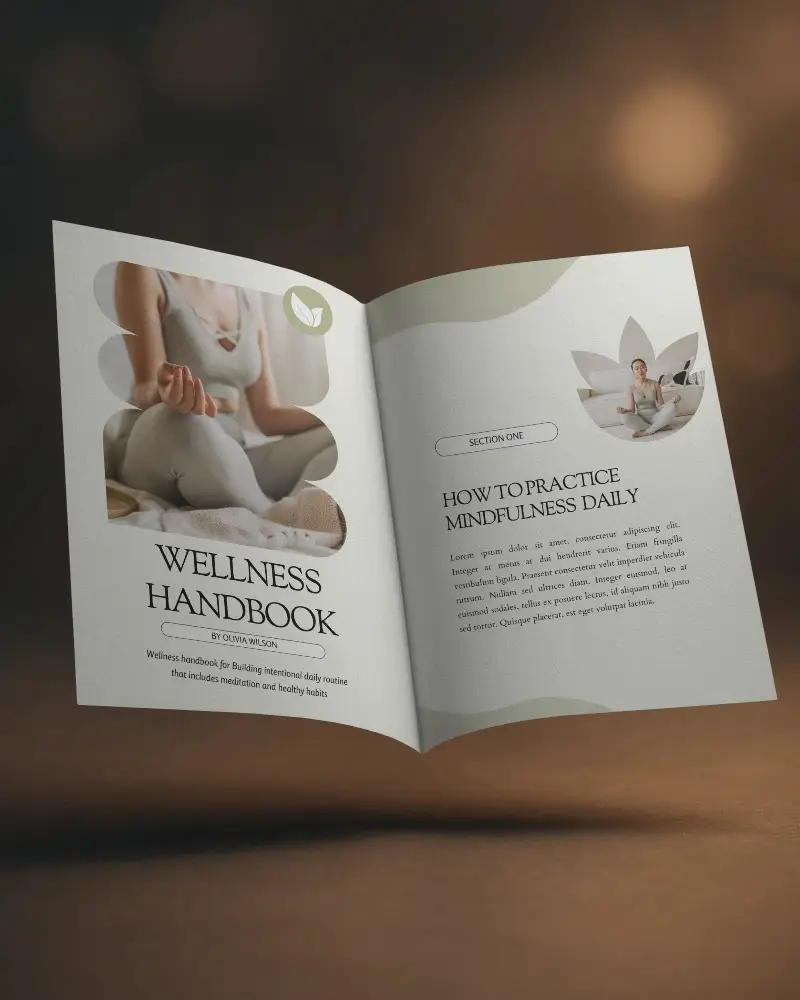 Moody Studio Brochure Mockup Open Midair Soft Spotlight And Dramatic Shadows