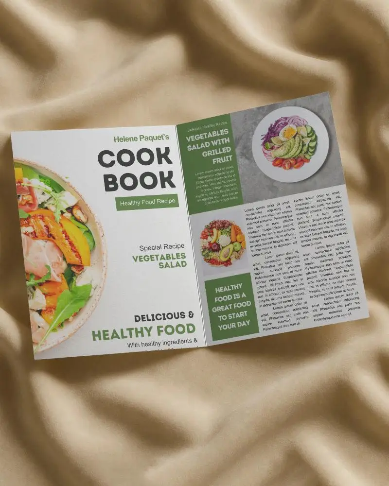 A4 Open Brochure Mockup On Beige Satin Cloth Soft Texture Background Luxury Style Horizontal Layout