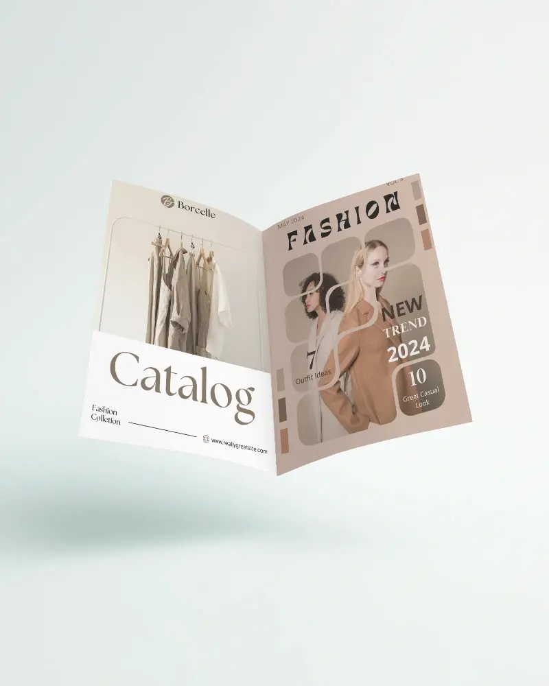 Floating A4 Brochure Mockup Open Mid Air Isolated On Clean White Background High Angle Perspective