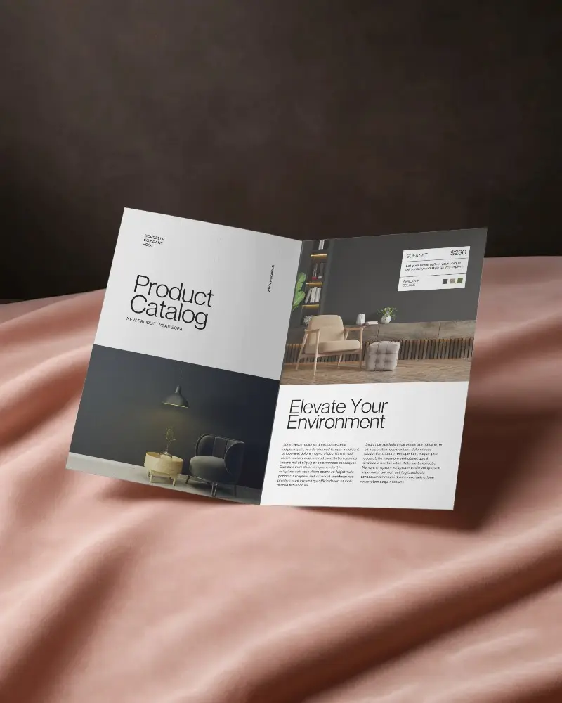 Open Brochure Mockup On Soft Pink Fabric With Rich Dark Background