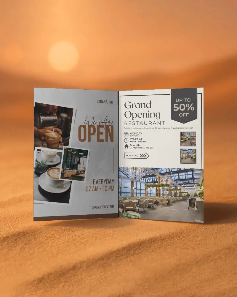 Standing Open Brochure Mockup On Sand Dunes With Sunset Backdrop