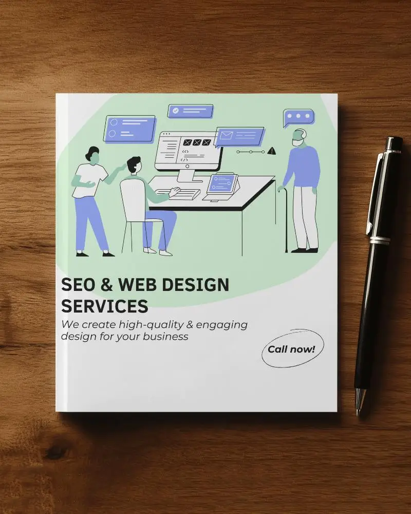 Square Brochure Mockup On Wooden Table With Pen Top View Scene Warm And Classic