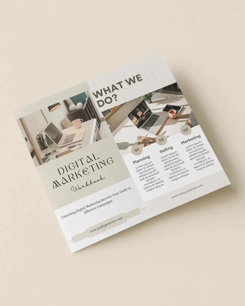 Top View Bifold Brochure Mockup On Soft Beige Background Minimal Aesthetic 0168