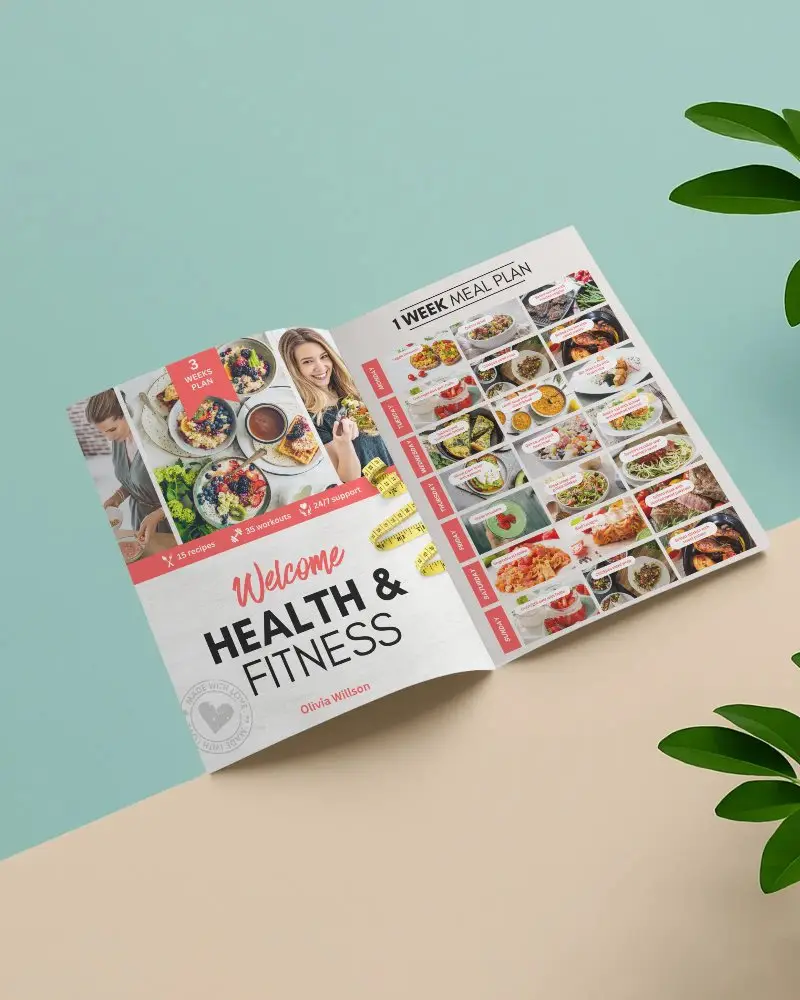 Botanical Duotone Bifold Brochure Mockup Open Angle On Pastel Green And Beige Background With Leaf Elements