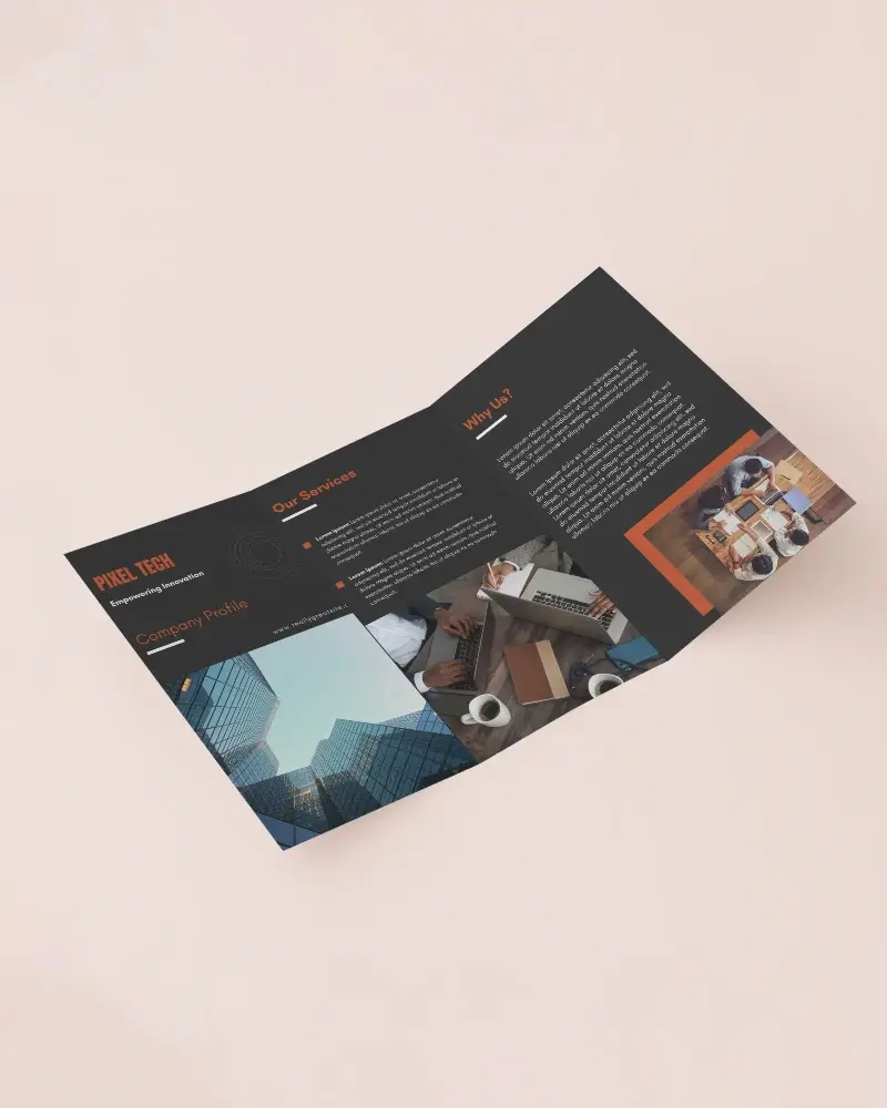 Open Trifold Brochure Mockup On Blush Pink Surface Soft Lighting With Subtle Paper Texture
