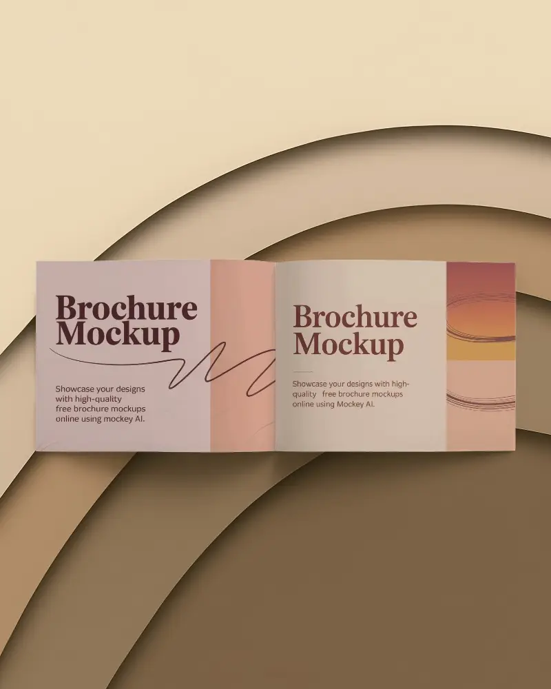 Open Landscape Brochure Mockup On Arched Paper Cut Background Warm Tone Layers And Smooth Curves