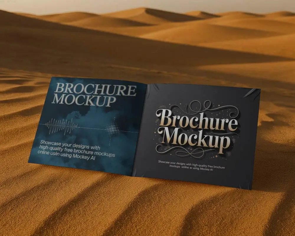 Landscape Brochure Mockup Open On Sandy Desert Dunes With Golden Hour Lighting And Natural Shadows