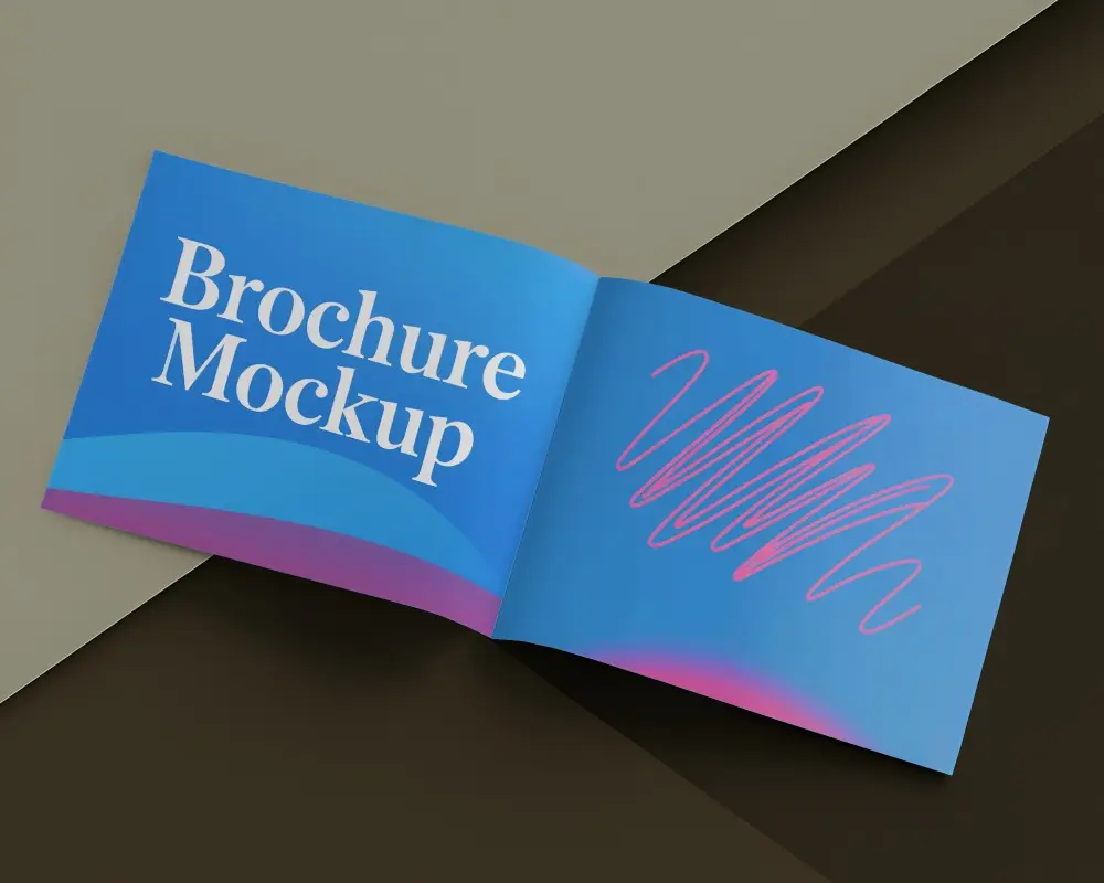 Dark Toned Landscape Brochure Mockup On Overlapping Brown Paper Background With Open Pages And Soft Top Lighting