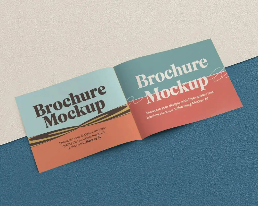 Open Landscape Brochure Mockup On Cream And Blue Textured Background With Balanced Soft Light