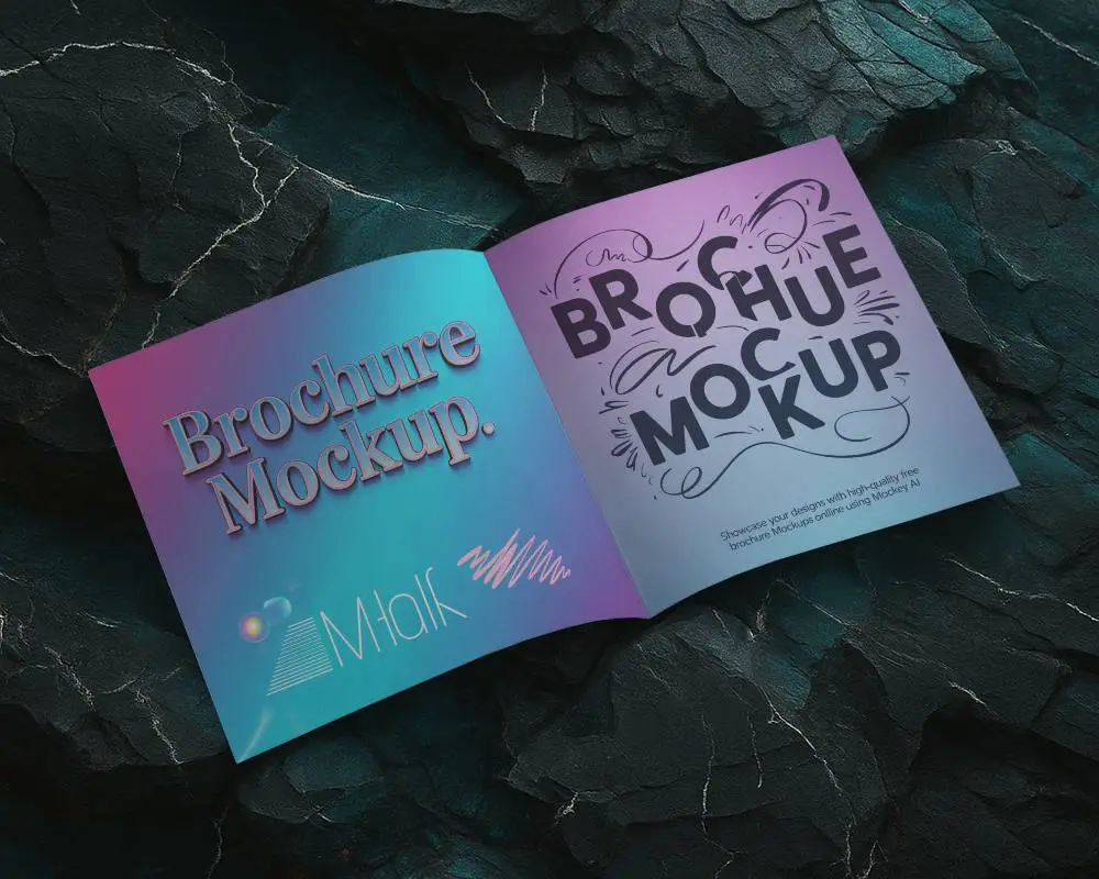 Dark Rock Texture Brochure Mockup Open Layout On Textured Black Stone Background Modern And Rugged Look