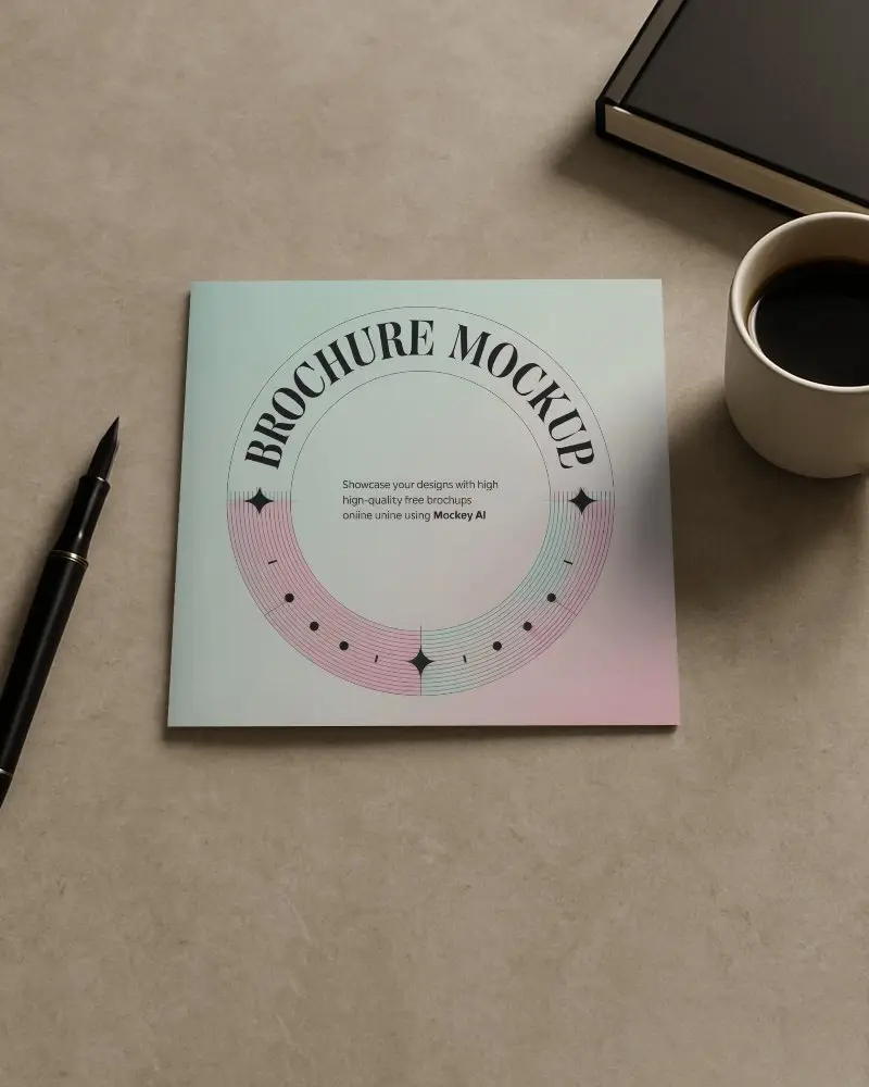 Professional Workspace Square Brochure Mockup With Coffee Cup And Pen Top View Minimal And Elegant Stationery