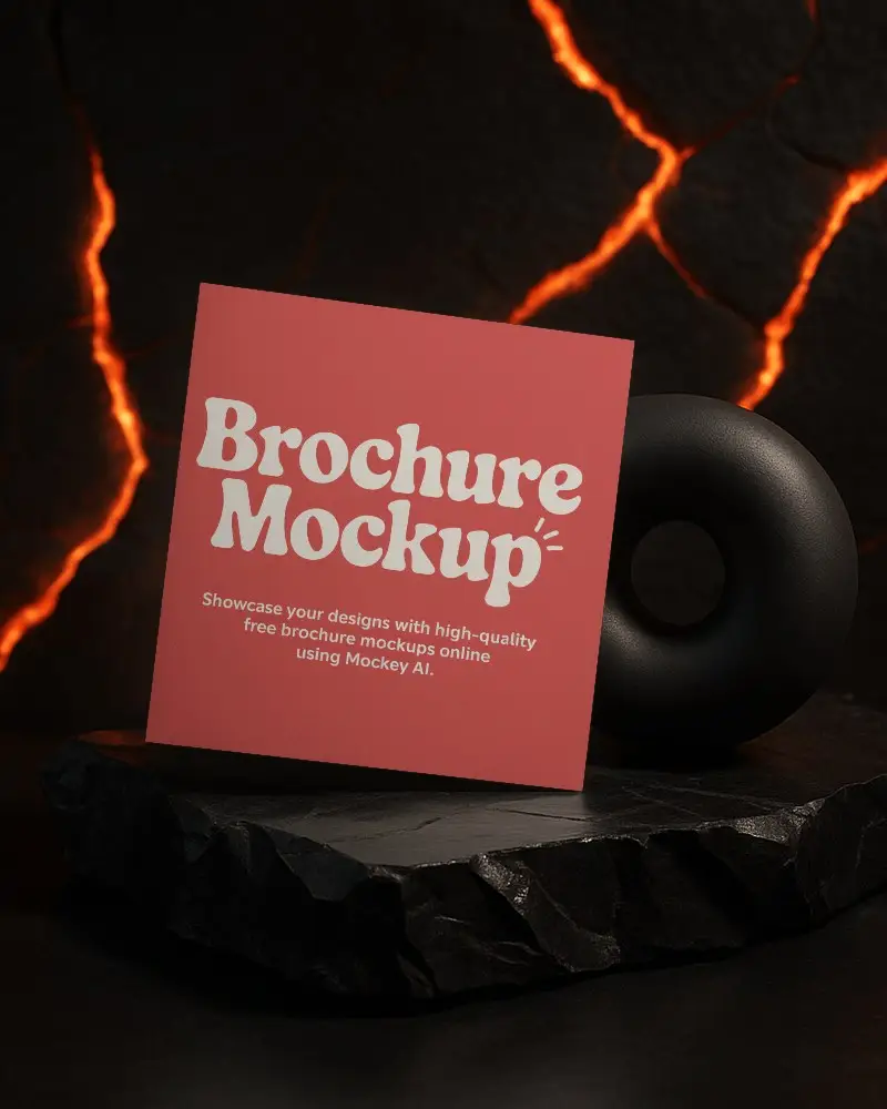 Standing Brochure Mockup On Obsidian Platform Against Lava Crackled Backdrop And Black Donut Prop