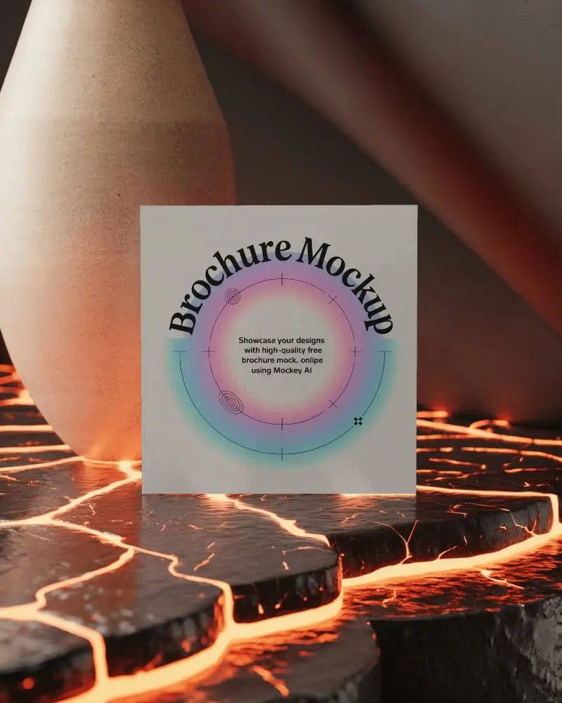Modern Brochure Mockup On Glossy Volcanic Tiles With Ceramic Vase And Warm Orange Glow
