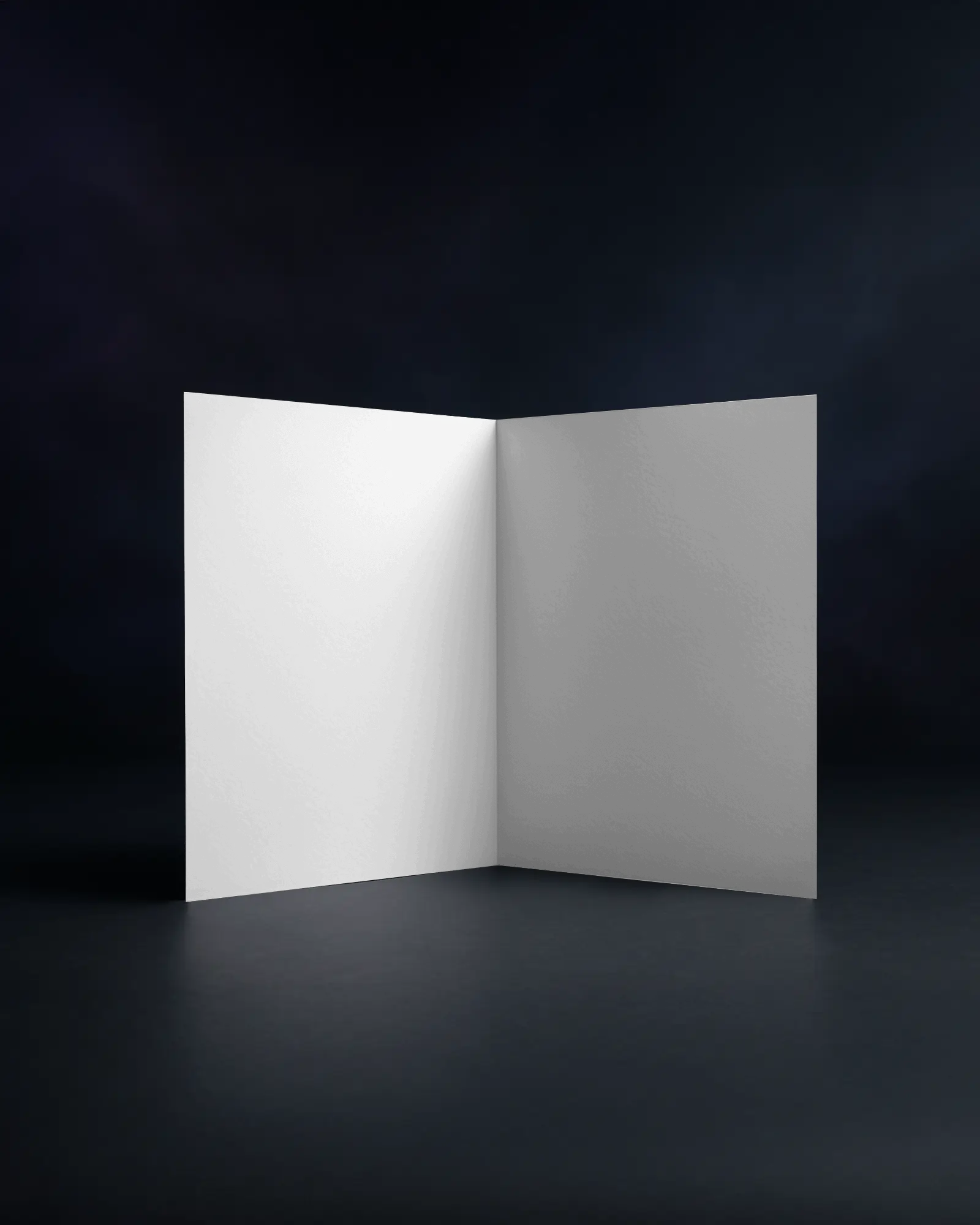 Bifold Brochure Mockup Standing Upright On Dark Minimal Background Opened To Inner Pages With Centered Lighting And Soft Shadows