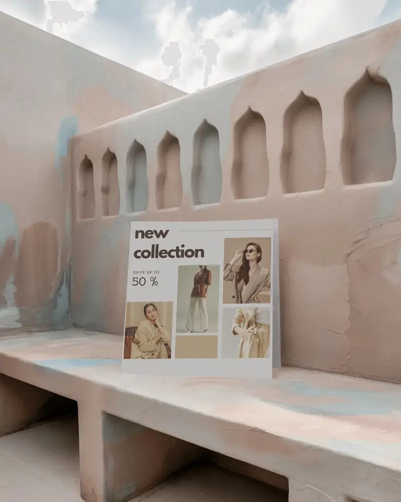 Square Brochure Mockup Standing On Textured Concrete Bench With Ornate Wall Background 0370