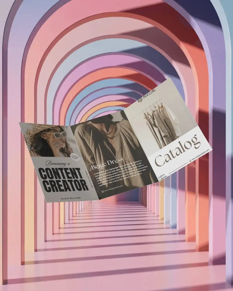 Modern Trifold Brochure Mockup Floating Over Abstract Arched Passageway For Design Presentation 0372