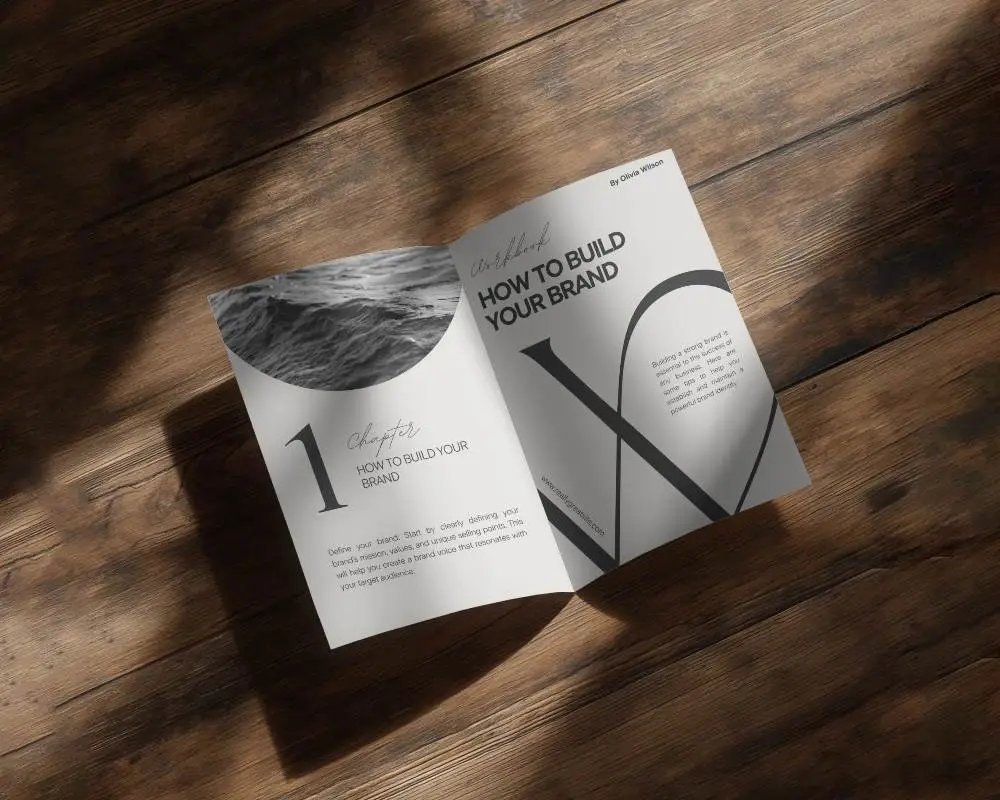 Realistic Brochure Mockup Open Flat Lying On Textured Wooden Surface Photorealistic 0397