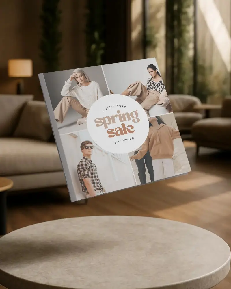 Square Brochure Mockup Floating Above Modern Interior Background Digital Presentation 0431