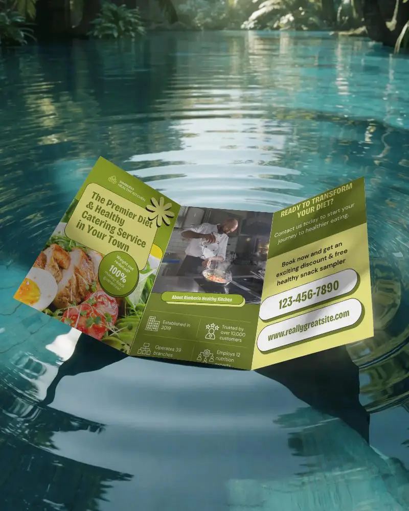realistic-trifold-brochure-mockup-floating-on-smooth-water-with-reflection-and-greenery