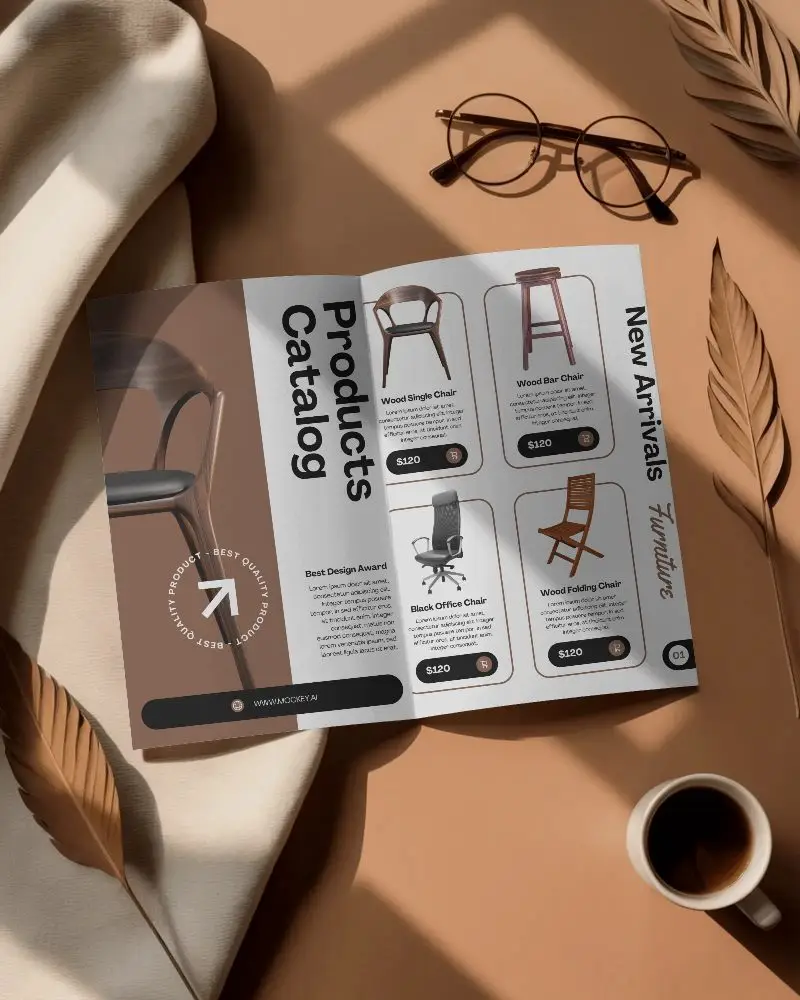 empty-open-brochure-mockup-on-table-with-natural-leaves-and-coffee-cup-props