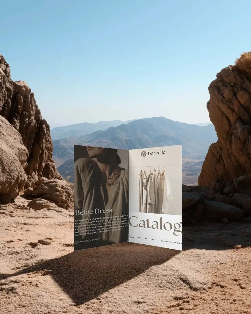 Empty Brochure Mockup Placed On Sandy Ground Between Large Rocks In Nature Scene